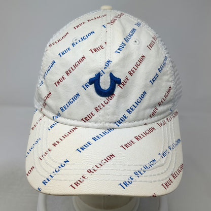 True Religion Trucker Hat White Blue Red One Size All Over Print Mesh Logo