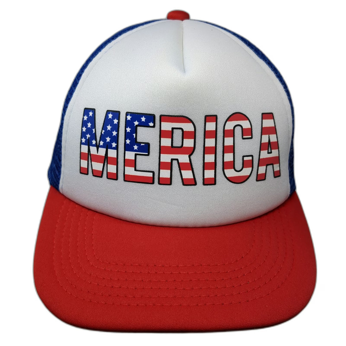 The Lord of the Wigs White Blue Red Trucker Hat One Size Merica Flag Graphic