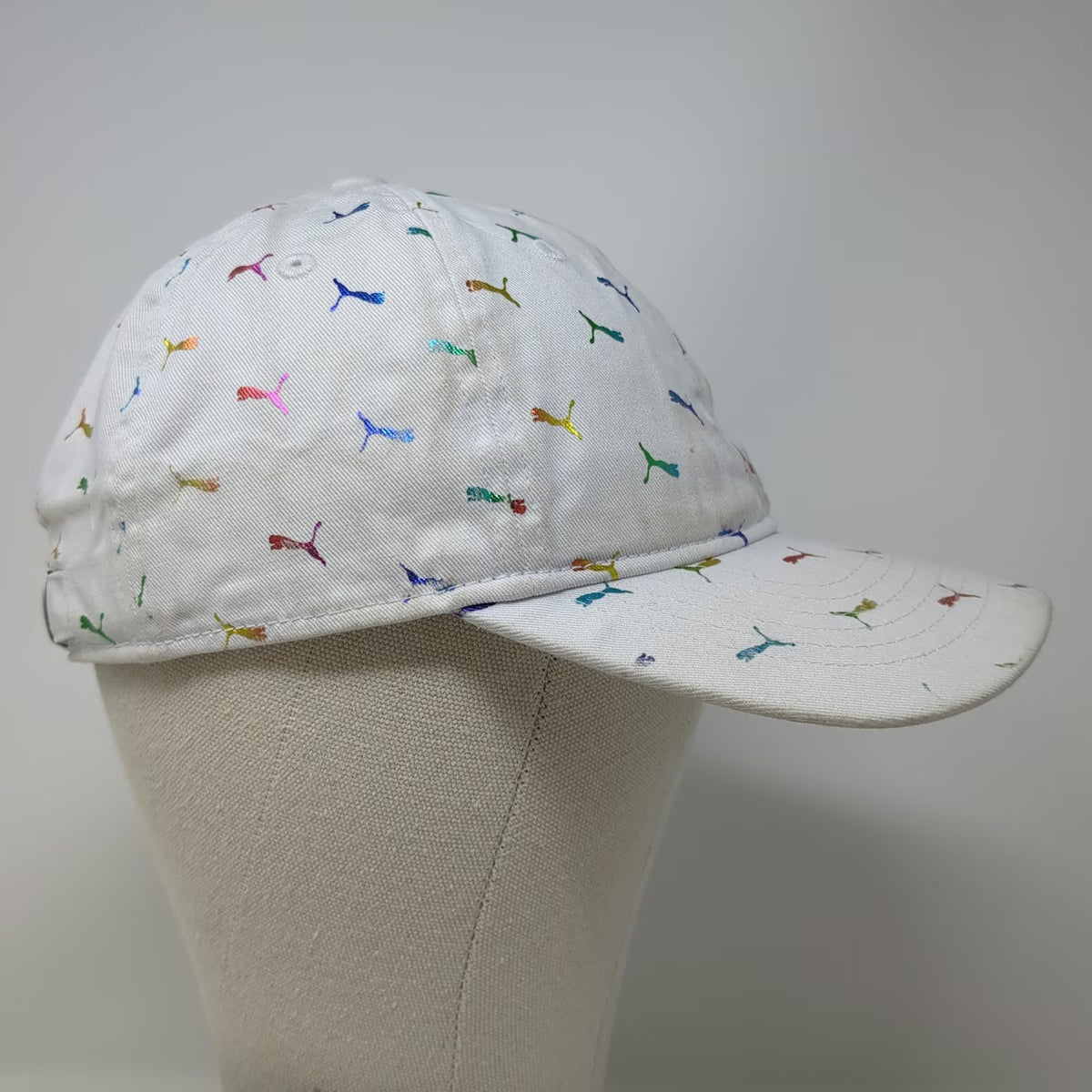 Puma Baseball Cap White One Size Iridescent Rainbow Mini Logo Print Hat Buckle