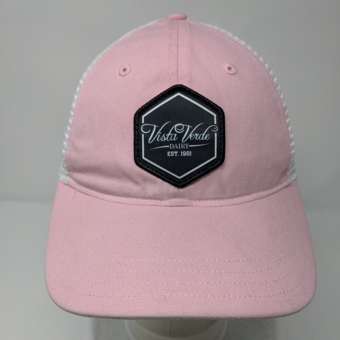 Vista Verde Dairy Patch Snapback Trucker Hat Pink Small Mesh Back