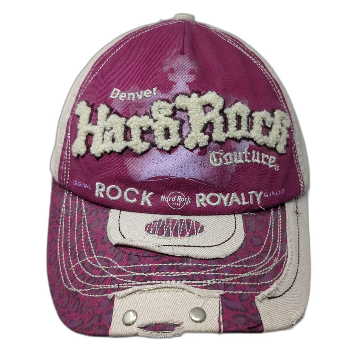 Hard Rock 5 Panel Purple Beige Hat One Size Chenille Animal Print Distressed
