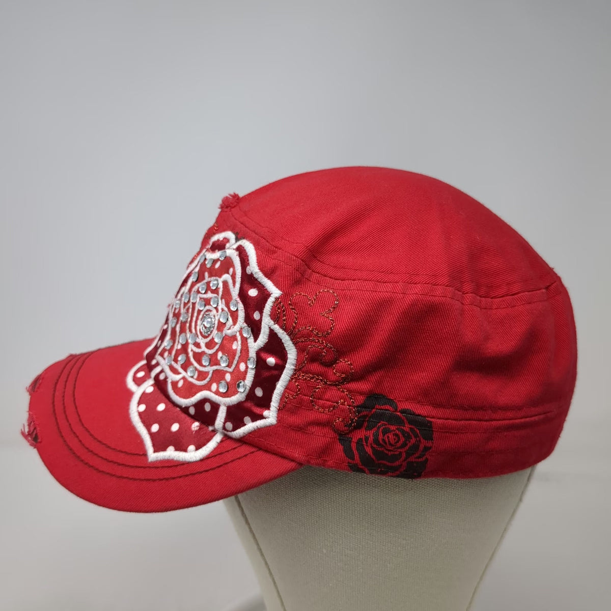 Leader Army Cap Red One Size Rhinestone Rose Distressed Cotton Slideback Hat
