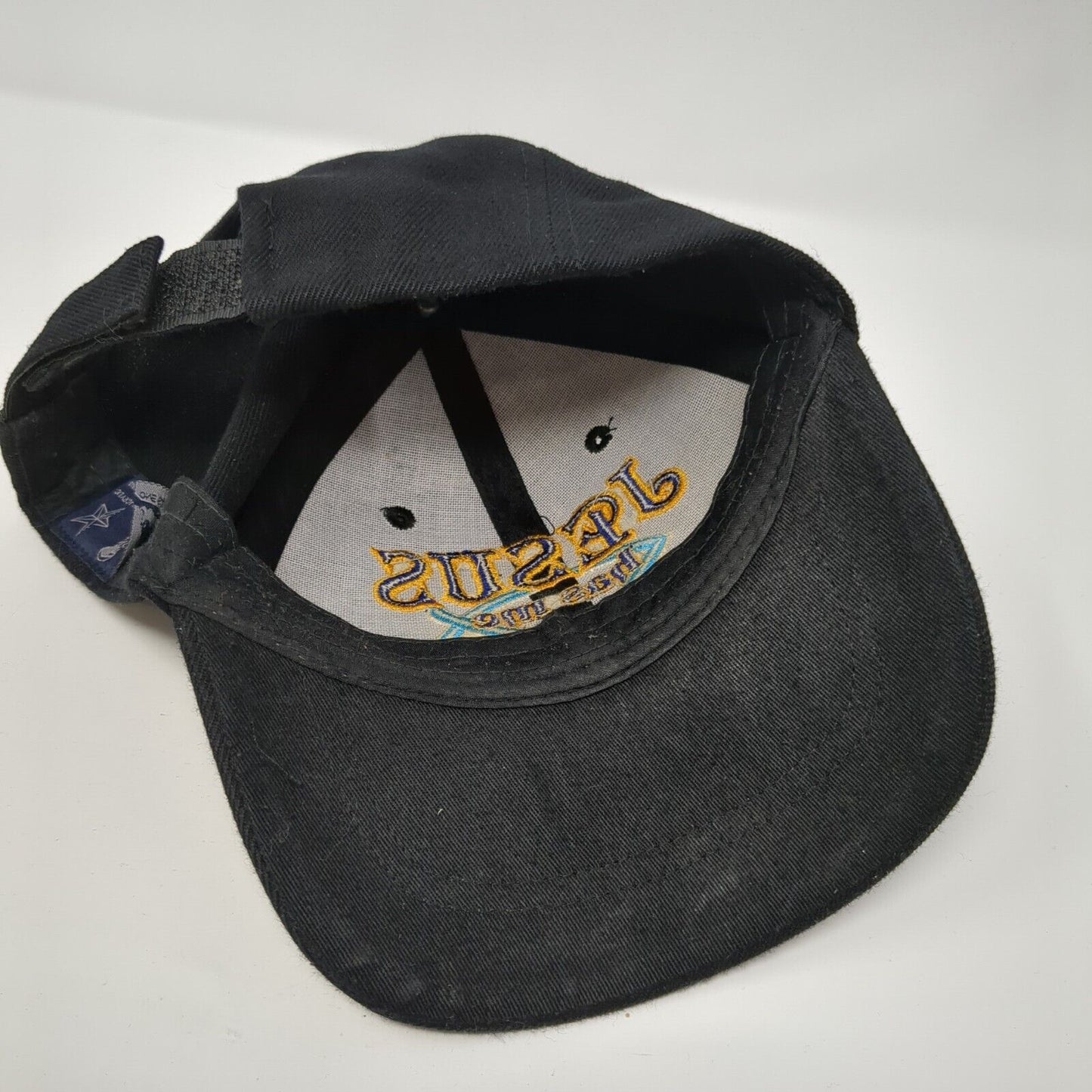 Jesus Has Me Hooked Strapback Hat Black One Size Embroidered 6 Panel
