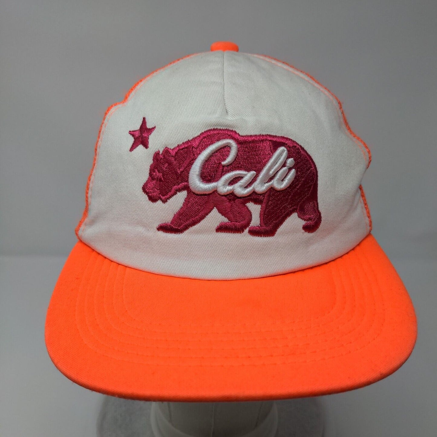 Cali Bear Snapback Mesh Back Trucker Hat Orange One Size Embroidered