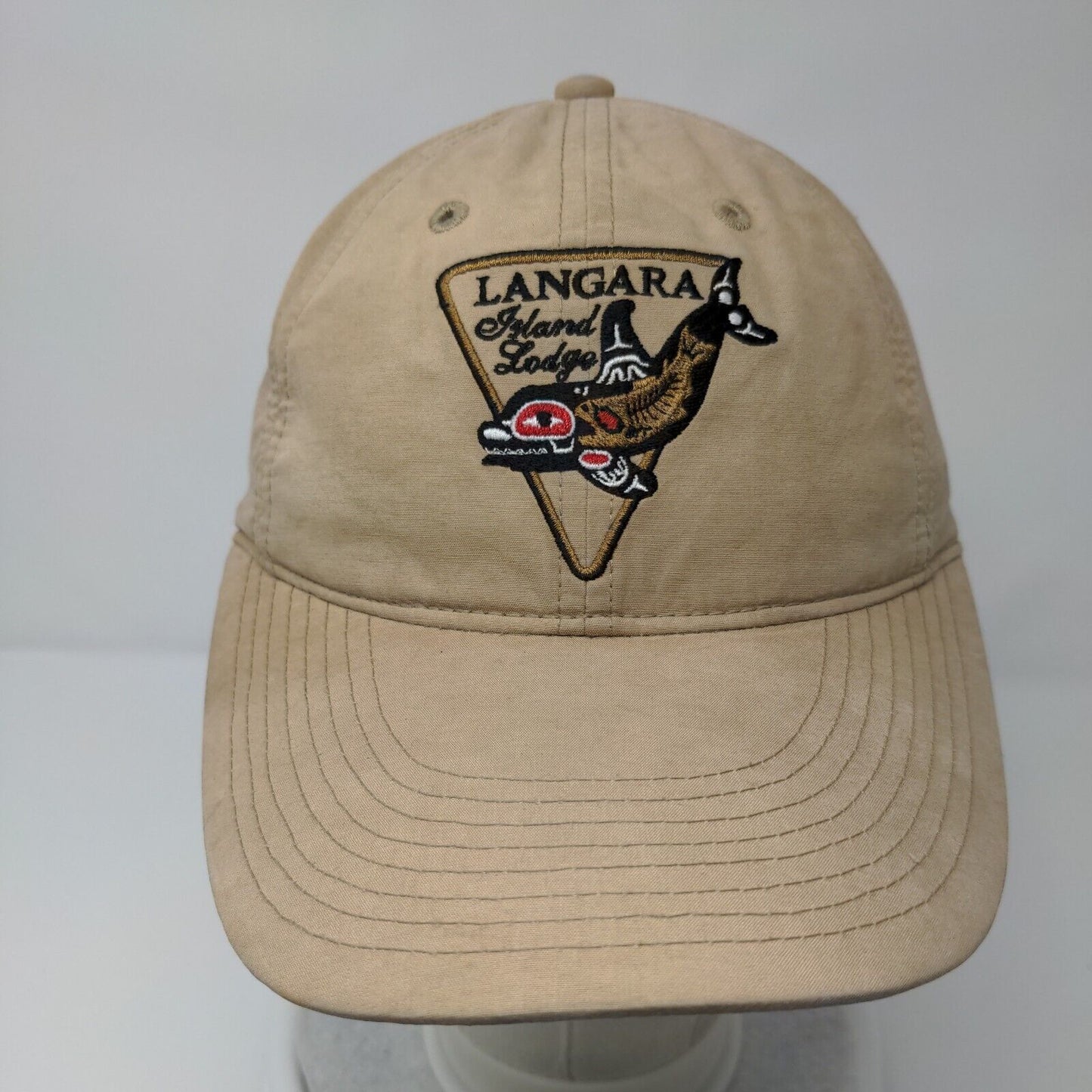 Langara Island Lodge Strapback Hat Tan One Size Adjustable Embroidered