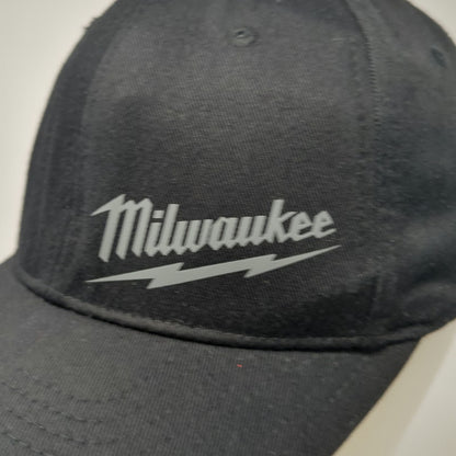 Milwaukee Tool Logo Black Cap M Stretch Fit Hat Curved Brim Gray Red Tab Work