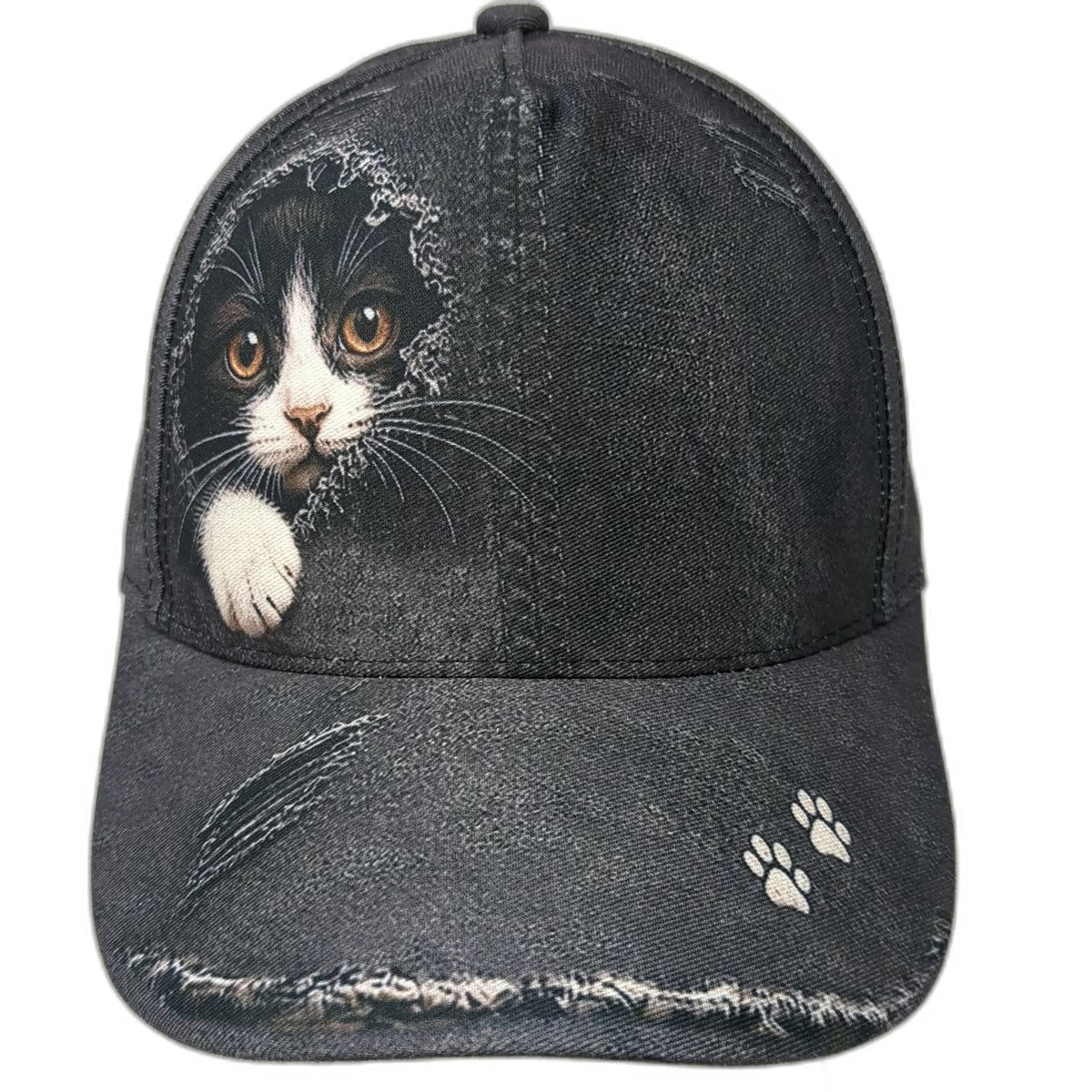 Snapback Gray One Size Distressed Denim Kitten Cat Animal Paw Prints Frayed Hat