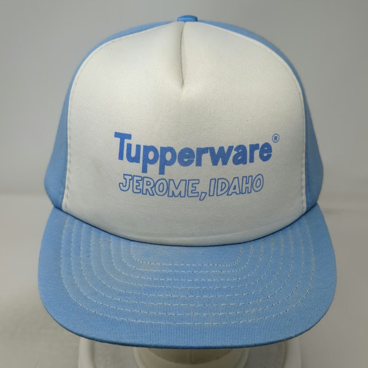 San Sun Trucker Hat Blue White Snapback Tupperware Jerome Idaho Logo Vintage