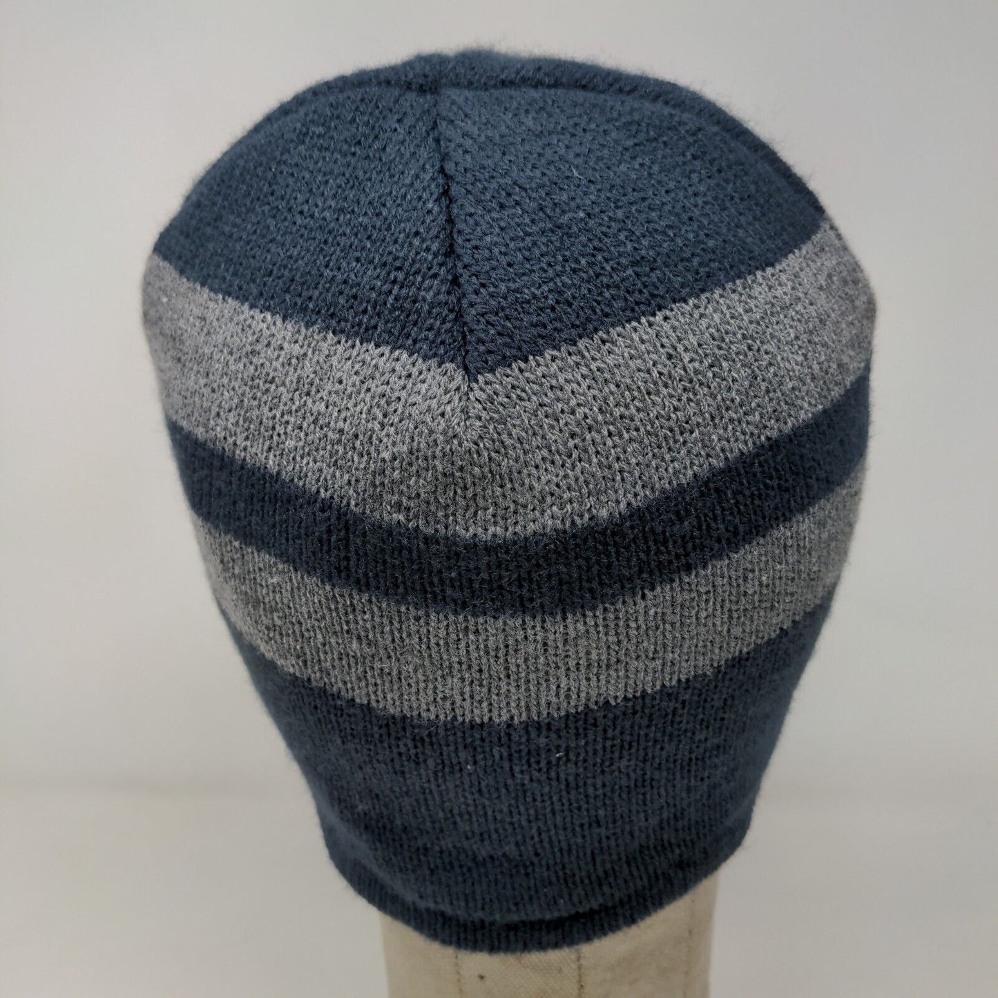Port Authority Men's Knit Beanie Hat Cap Blue Gray Striped Acrylic Embroidered