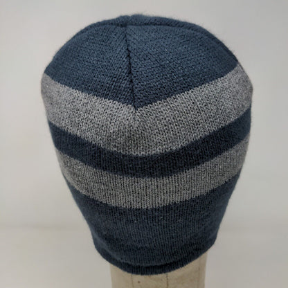 Port Authority Men's Knit Beanie Hat Cap Blue Gray Striped Acrylic Embroidered