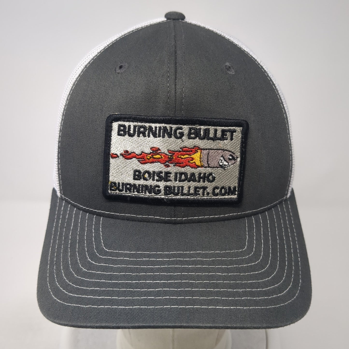 Burning Bullet Patch Snapback Trucker Hat Gray One Size Mesh Back