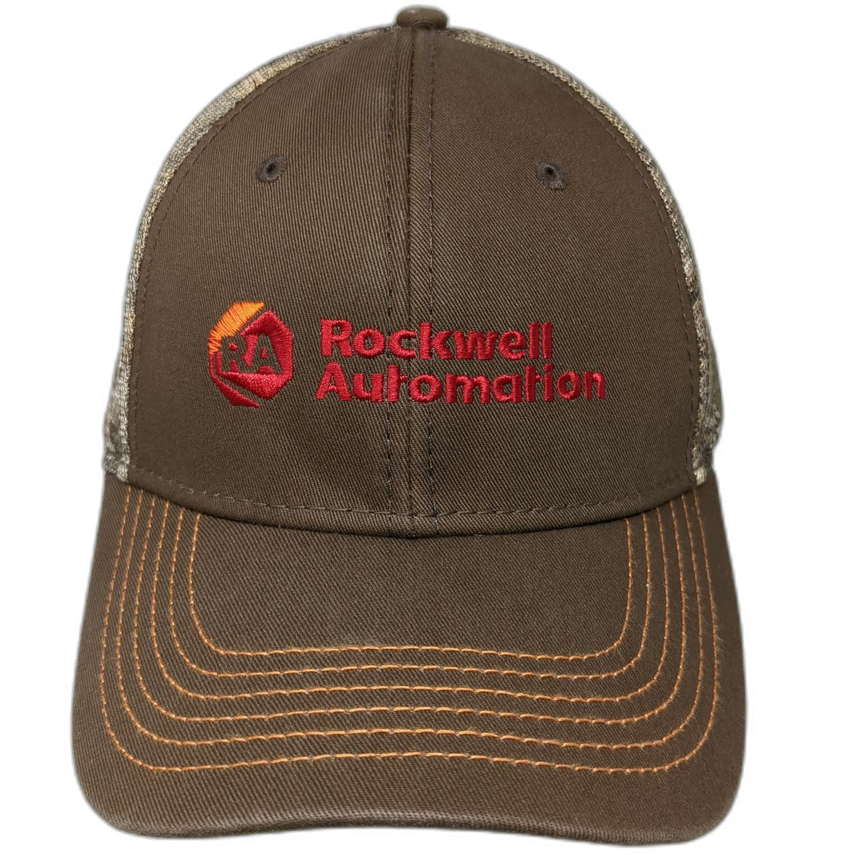 Brown Trucker Hat One Size Camo Rockwell Automation Mesh Snapback Embroidered