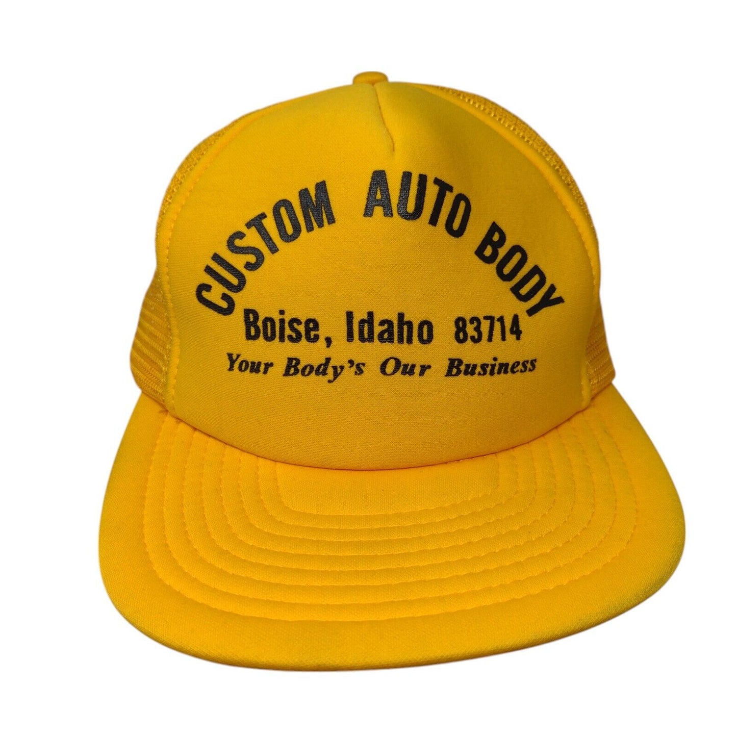Custom Auto Body Boise Idaho Snapback Trucker Hat Yellow OSFA Mesh Back Vintage