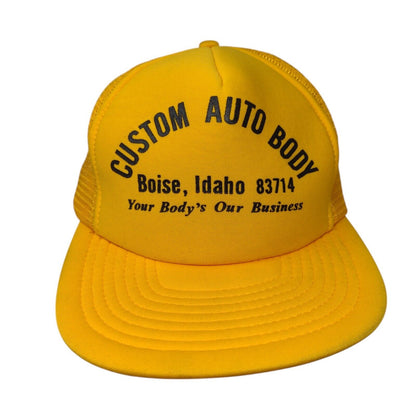Custom Auto Body Boise Idaho Snapback Trucker Hat Yellow OSFA Mesh Back Vintage