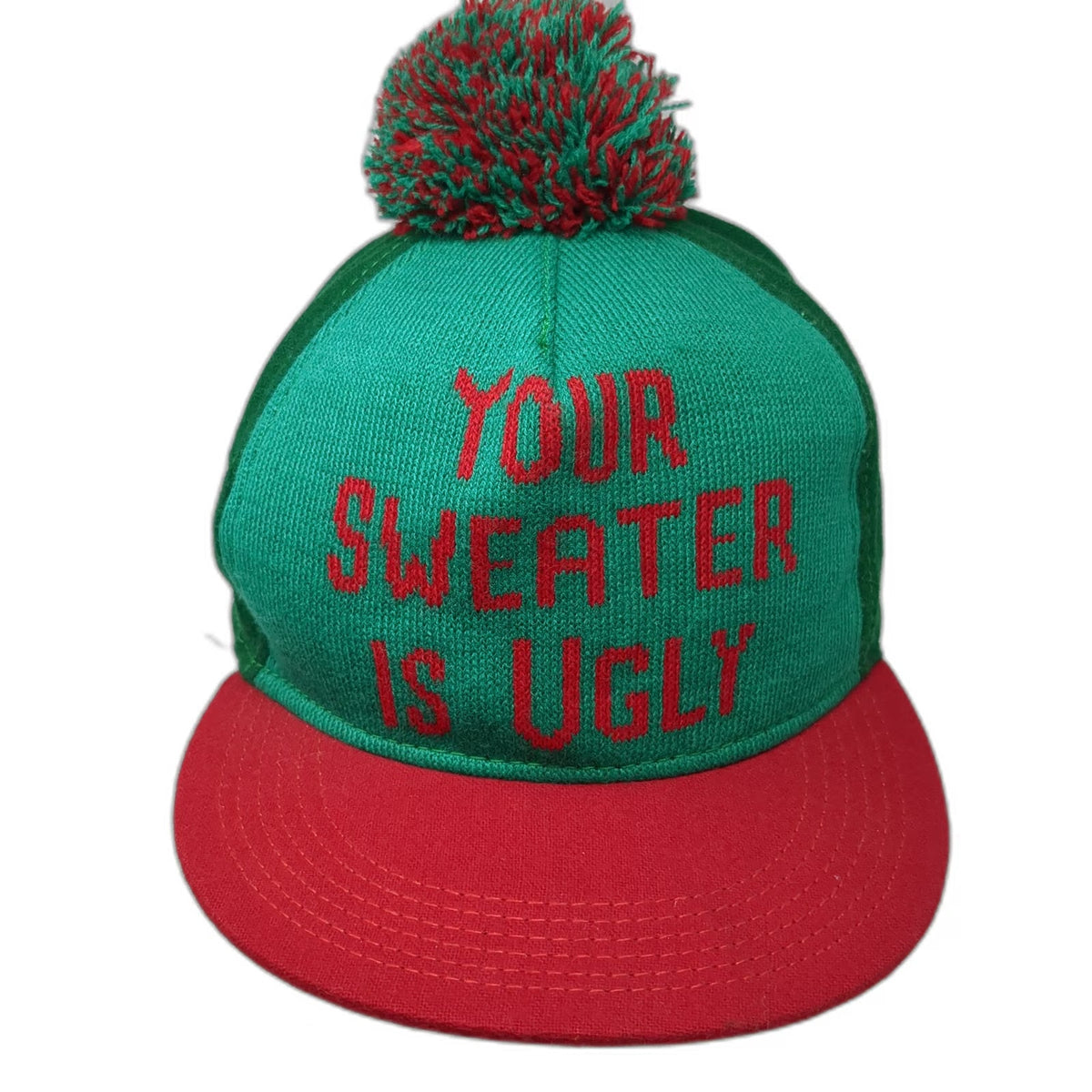 5 Panel Green Red Hat One Size Pom-Pom Knit Snapback Ugly Sweater Message Humor
