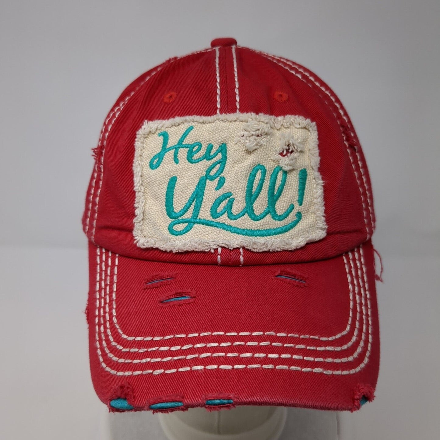Hey Y'All Strapback Hat Red One Size Adjustable Embroidered Distressed Cotton