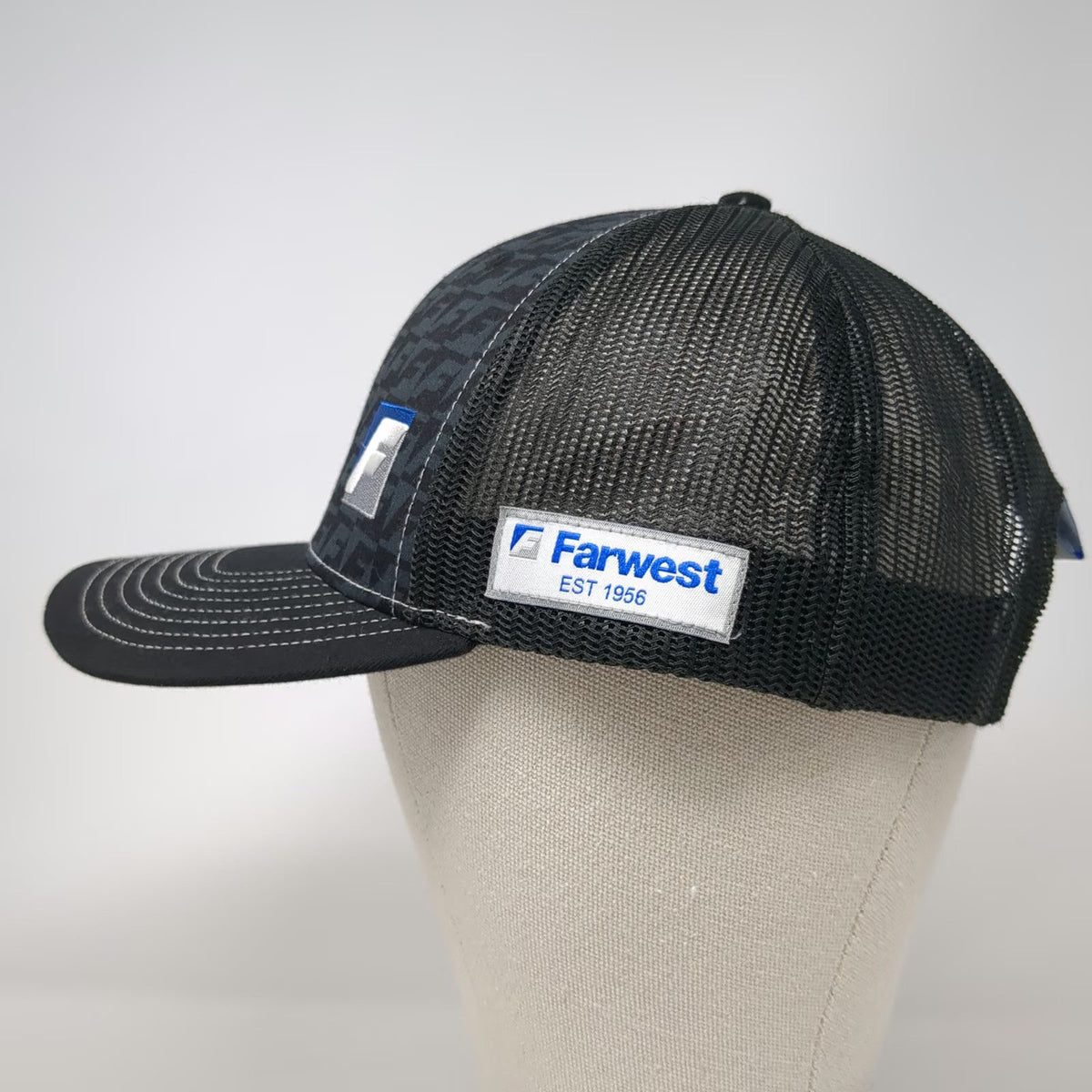 Farwest Baseball Cap Black One Size Snapback Mesh Hat Logo Pattern Patch Stitch