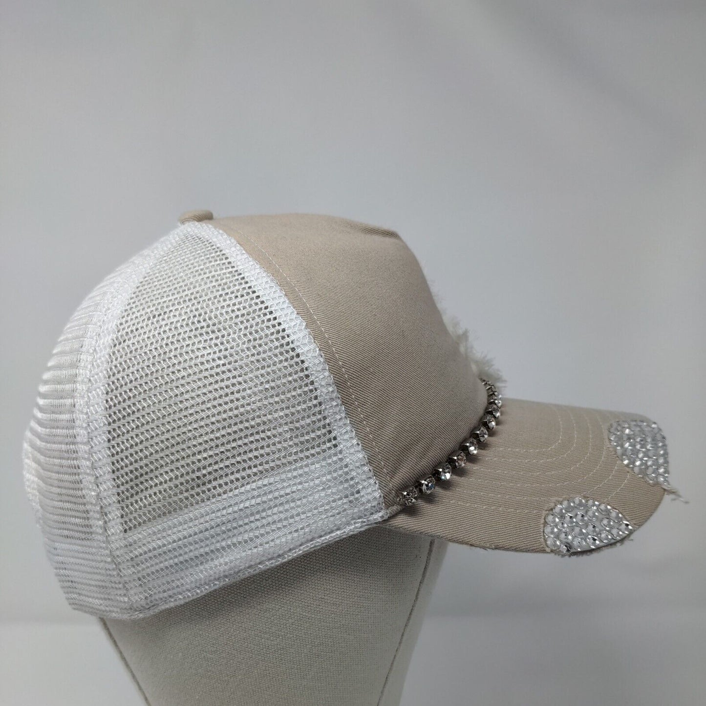 Time Two Change Snapback Trucker Hat Tan OSFA Mesh Back Flower Rhinestone