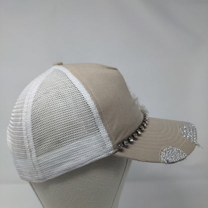 Time Two Change Snapback Trucker Hat Tan OSFA Mesh Back Flower Rhinestone