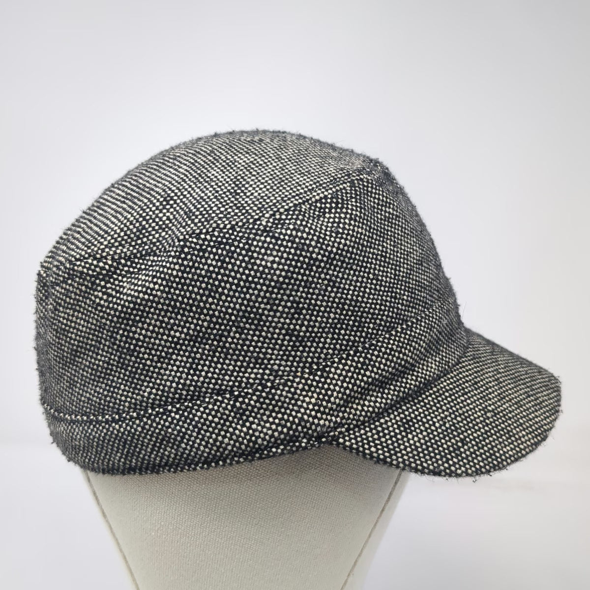 Army Cap Black White One Size Tweed Woven Fabric Side Buttons Cadet Hat