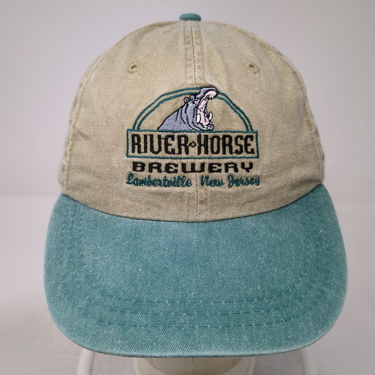 Adams Baseball Cap Beige Green One Size River Horse Brewery Hippo Hat Leather NJ