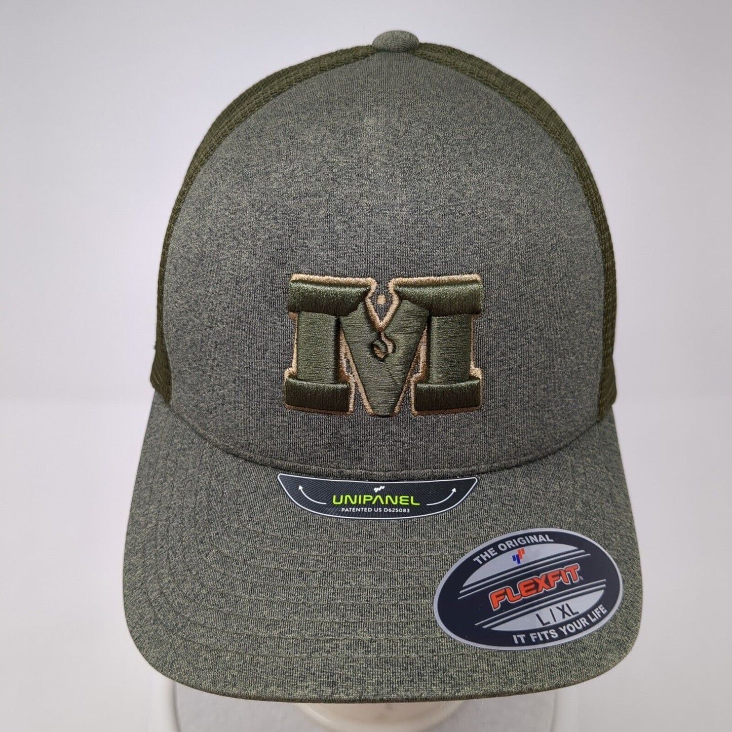 Mountain Fitted Trucker Hat Green L/XLFlexfit Unipanel Mesh Back Yupoong