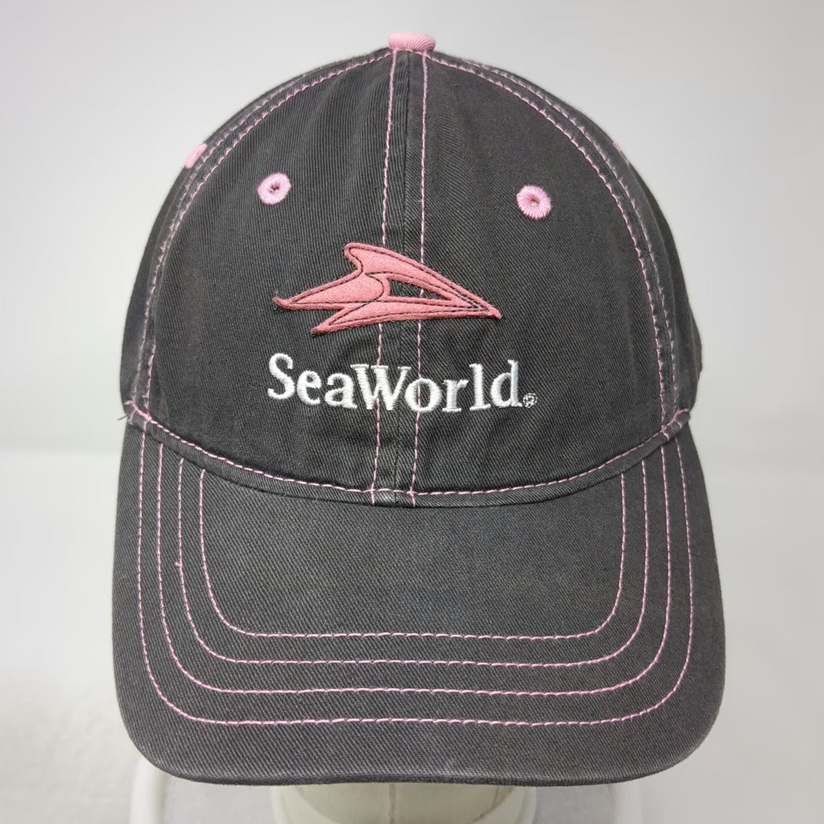 SeaWorld Baseball Cap Gray Pink White OSFM Cotton Contrast Stitching Logo Hat