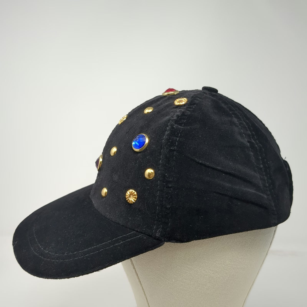 Yehasso Baseball Cap Black One Size Velvet Gold Studded Rhinestone Gem Hat