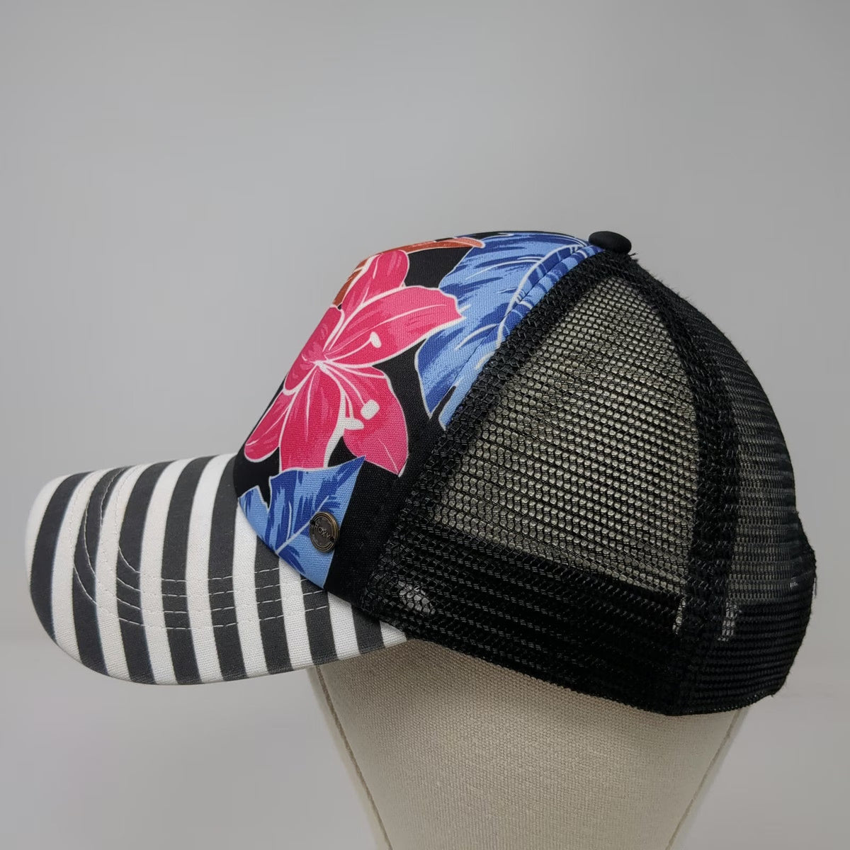 Roxy 5 Panel Black One Size Floral Striped Mesh Snapback Hat Tropical Surf Beach
