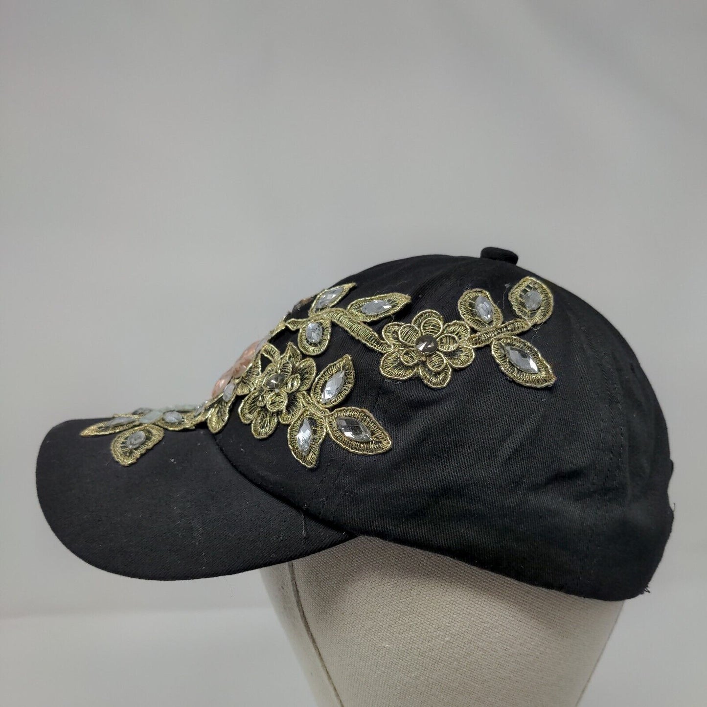Rhinestone Jewel Flowers Slideback Hat Black OSFA Adjustable Bling