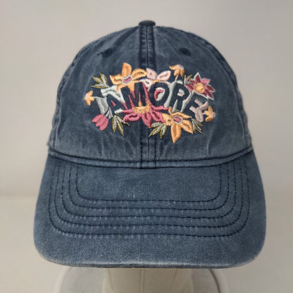 Amore Slideback Hat Blue OSFM Adjustable Embroidered Floral Vented Holes