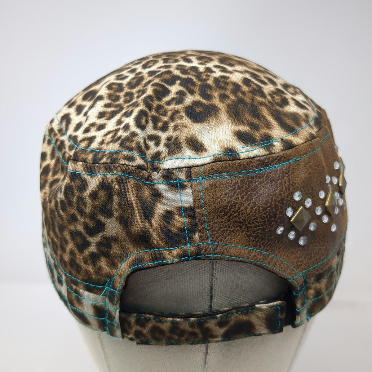 Way West Army Cap Brown One Size Leopard Print Stud Rhinestone Contrast Hat