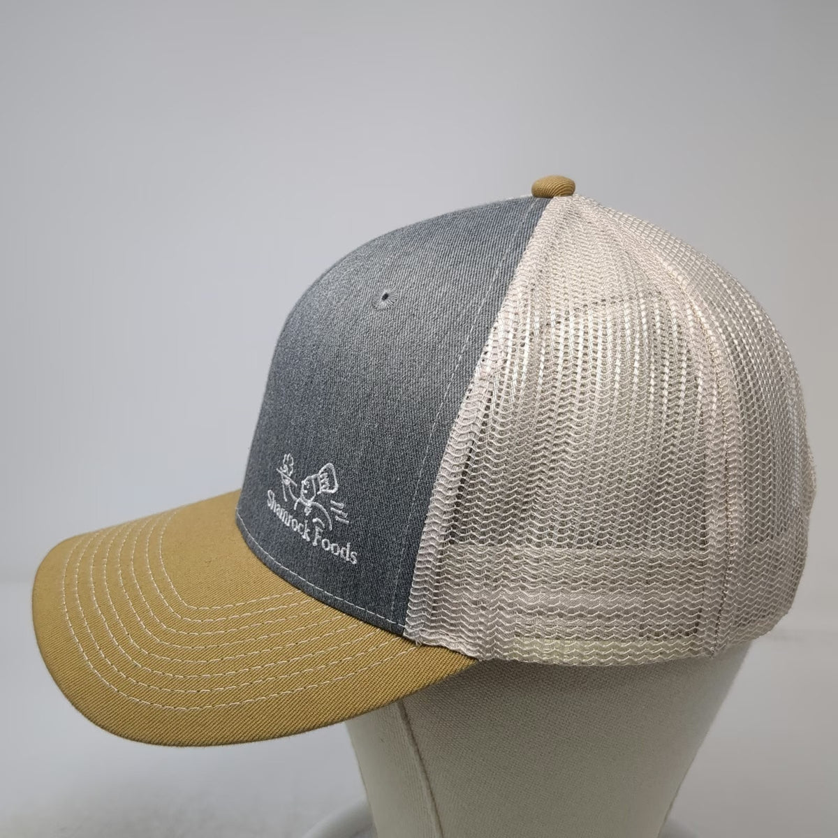 Fahrenheit Trucker Hat Gray Yellow One Size Shamrock Foods Logo Mesh Snapback
