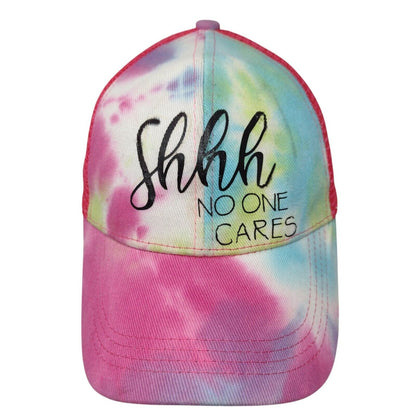 Shhh No One Cares Strapback Trucker Hat Multi OSFA Tie Dye Ponytail
