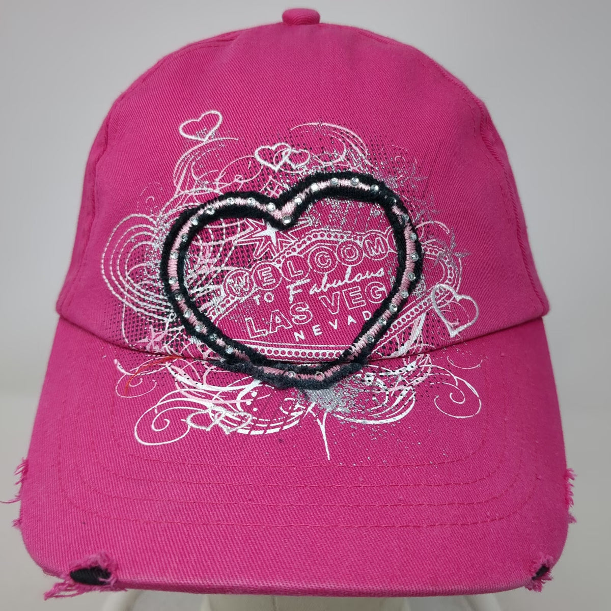 Baseball Cap Pink One Size Las Vegas Heart Distressed Rhinestone Strapback Hat