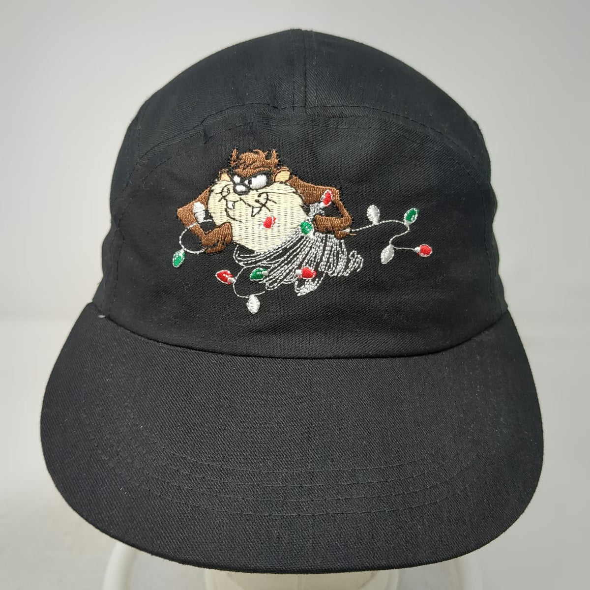 Looney Tunes 5 Panel Hat Black Vintage Taz the Season Christmas Lights Holiday