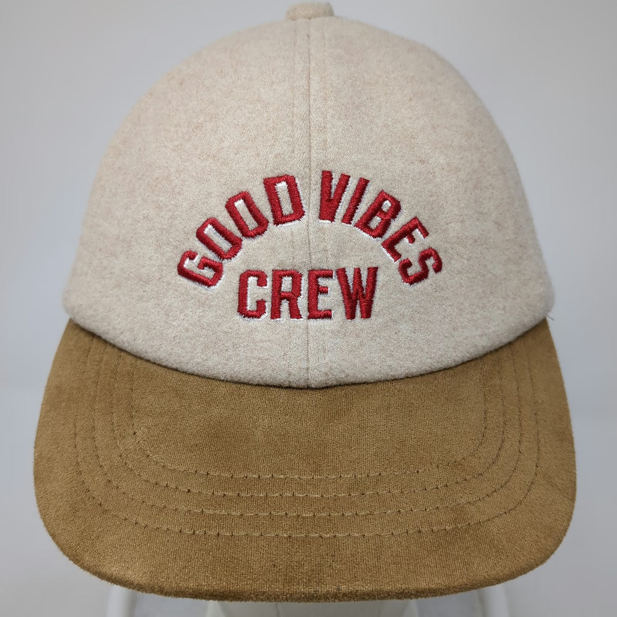 Old Navy Baseball Cap Beige One Size Good Vibes Crew Red Embroidery Fuzzy Hat