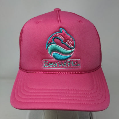 Sea World Snapback Mesh Back Rope Trucker Hat Pink One Size Embroidered