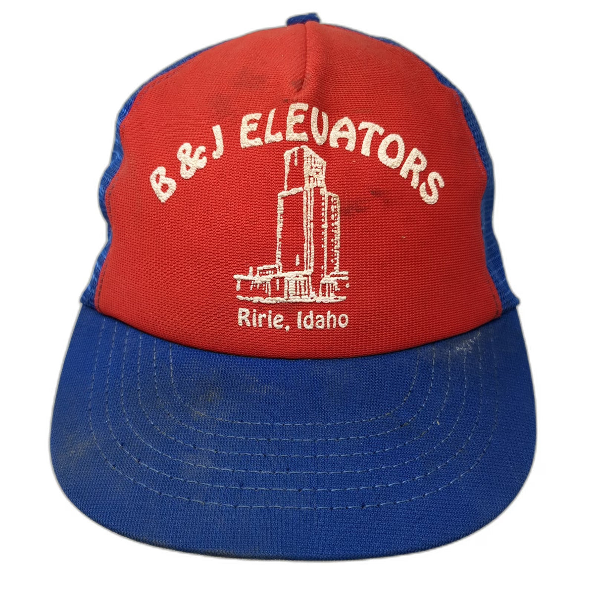 Trucker Hat Red Blue B & J Elevators Ririe Idaho Mesh Grain Elevator Vintage