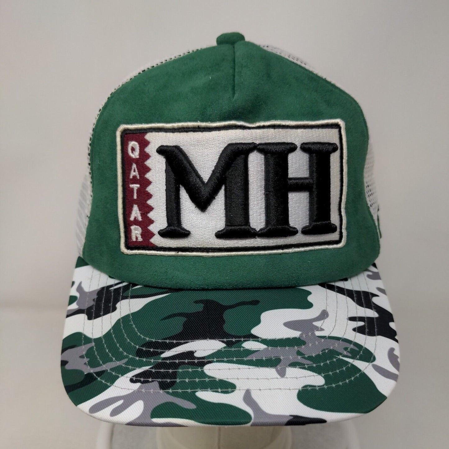 Qatar MH Queue Snapback Mesh Back Trucker Hat Green Camo One Size