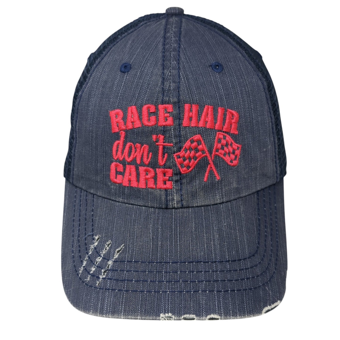 Race Hair Don't Care Strapback Trucker Hat Blue One Size Mesh Back