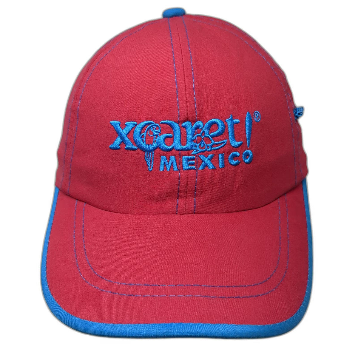 Xcaret Mexico Baseball Cap Red Blue One Size Side Pocket Embroidered Travel Hat