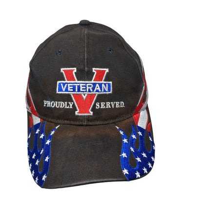 Veteran Proudly Served Strapback Hat Black OSFM Adjustable Embroidered