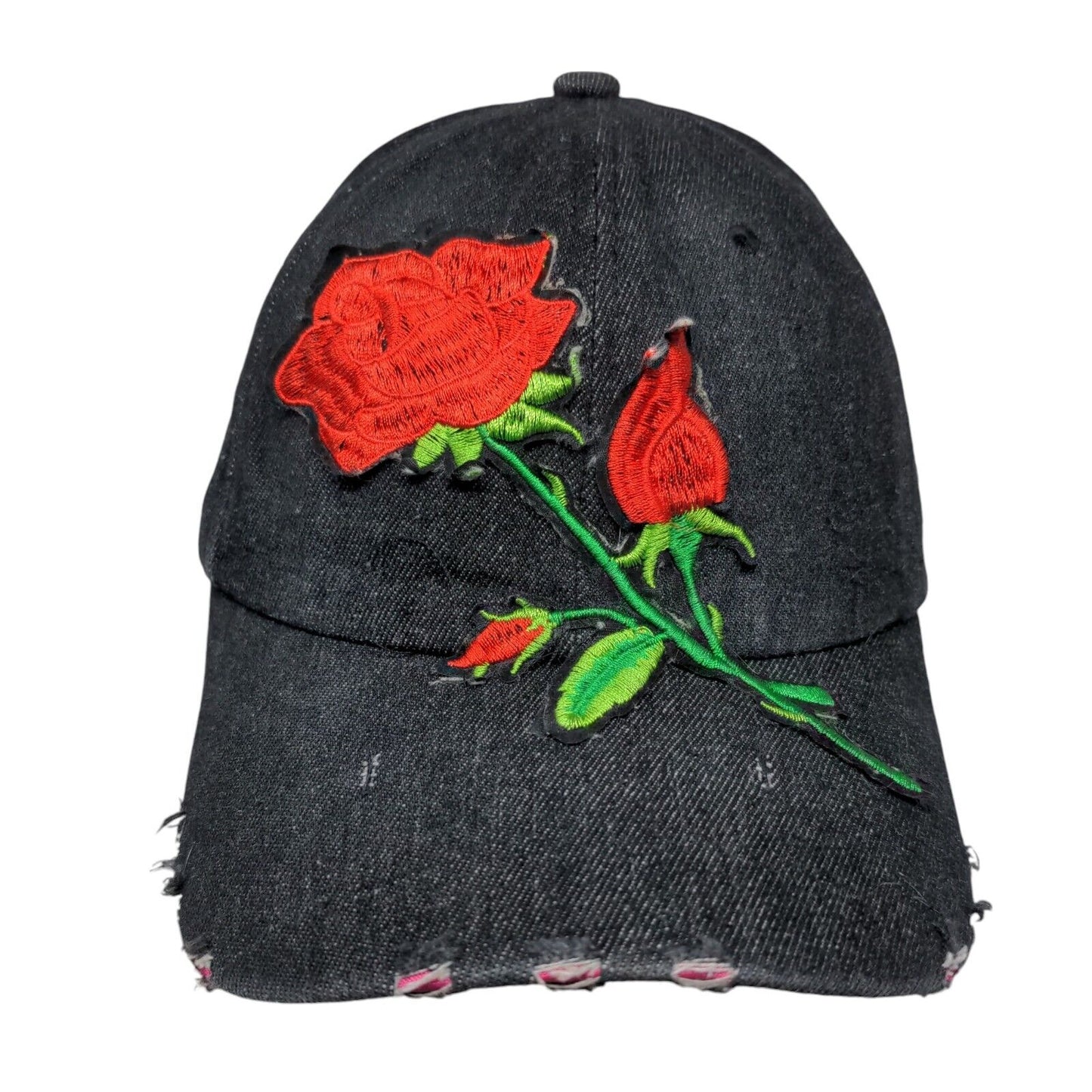 Rose Slideback Hat Black One Size Adjustable Embroidered Distressed 6 Panel