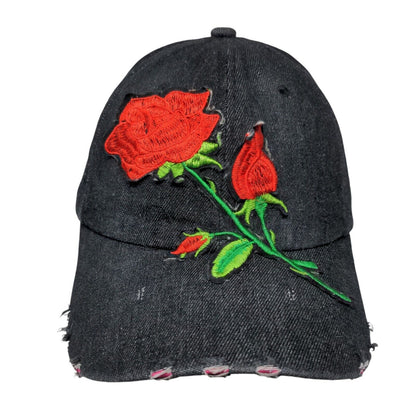 Rose Slideback Hat Black One Size Adjustable Embroidered Distressed 6 Panel
