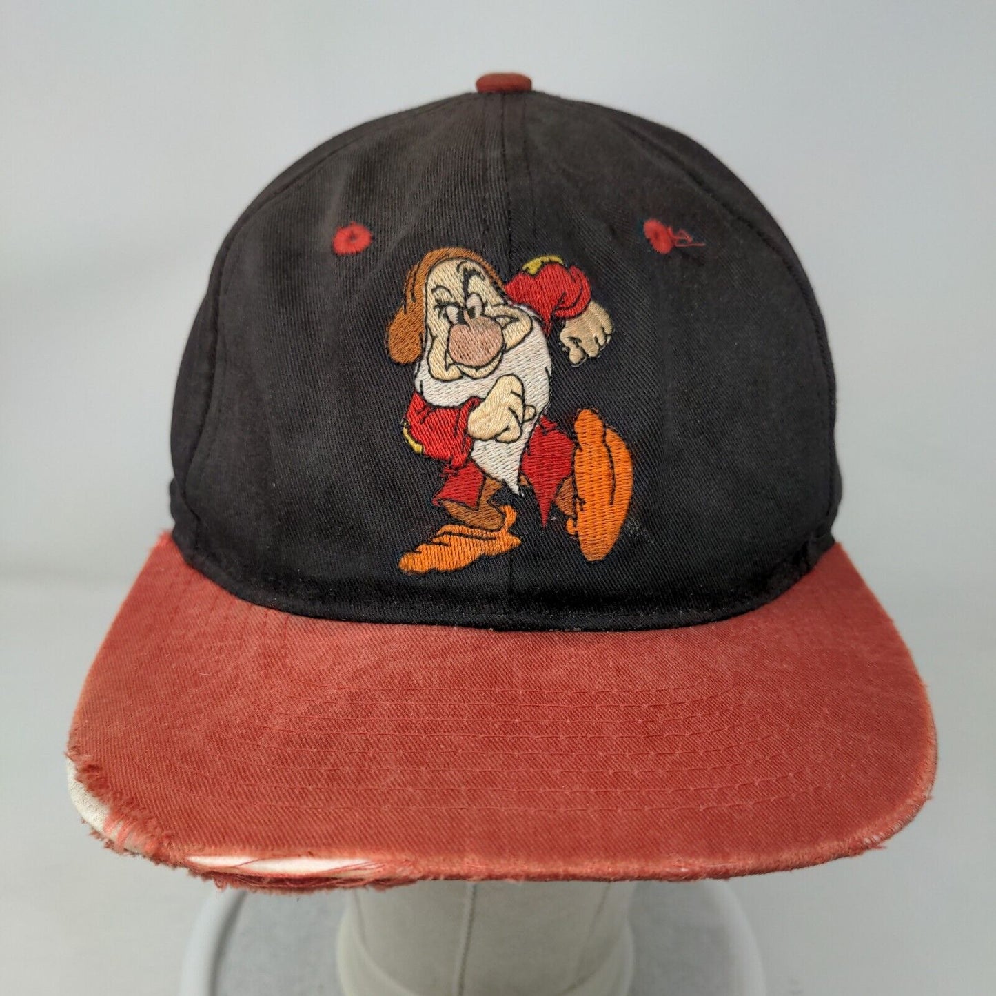 Disney Snow White & The Seven Dwarves Snapback Hat Black OSFA Grumpy Distressed