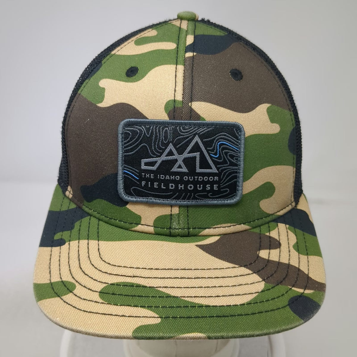 The Fieldhouse Trucker Hat Green One Size Mesh Snapback Idaho Topo Logo Camo Map