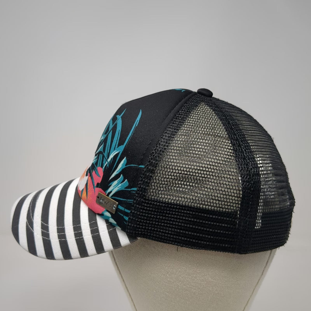 Roxy Trucker Hat Black Floral Hibiscus Striped One Size Mesh Snapback Bill