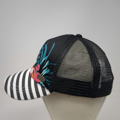 Roxy Trucker Hat Black Floral Hibiscus Striped One Size Mesh Snapback Bill