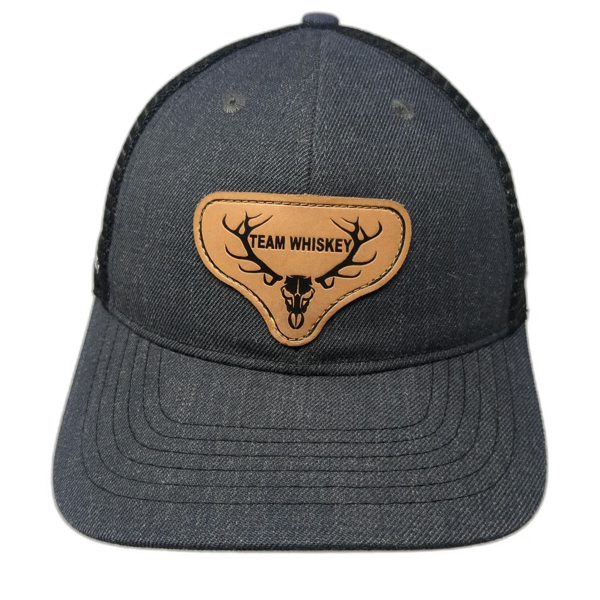Team Whiskey Trucker Hat Gray OSFM Deer Skull Leather Patch Underbrim Snapback